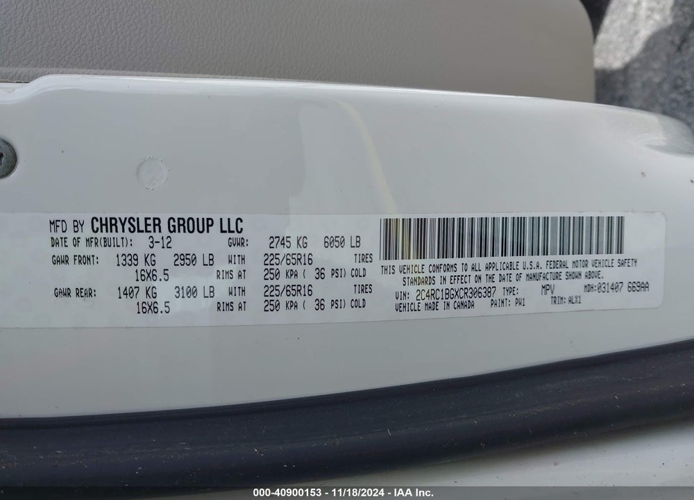 2012 CHRYSLER TOWN & COUNTRY TOURING VIN: 2C4RC1BGXCR306387