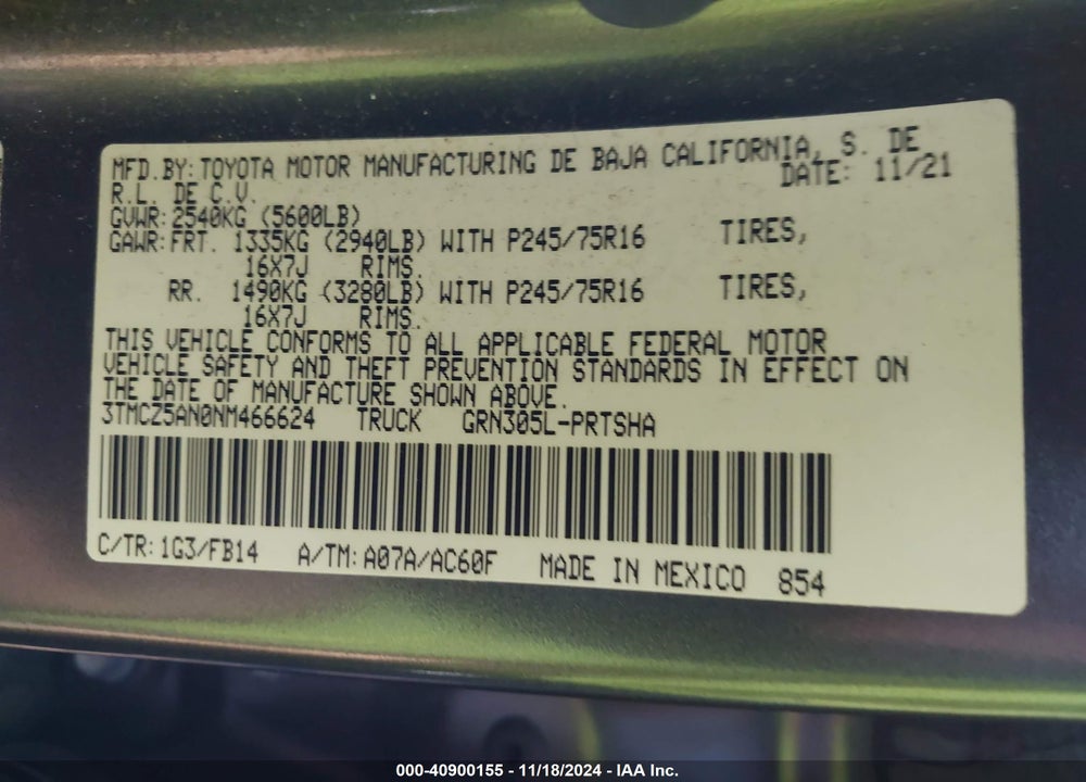 2022 TOYOTA TACOMA SR V6 VIN: 3TMCZ5AN0NM466624