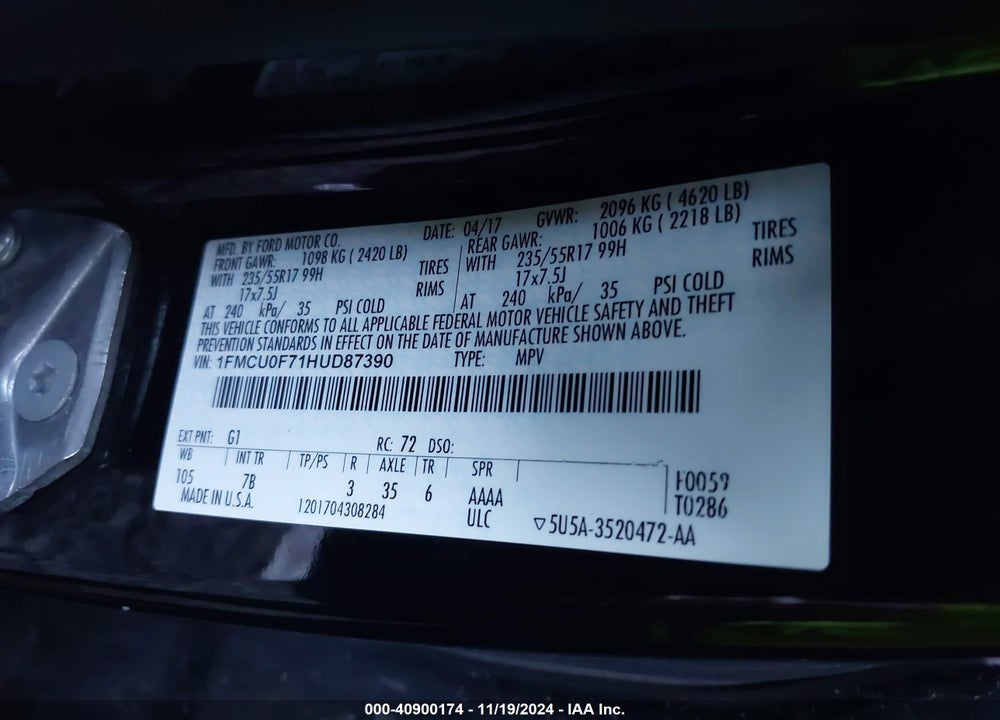 2017 FORD ESCAPE S VIN: 1FMCU0F71HUD87390