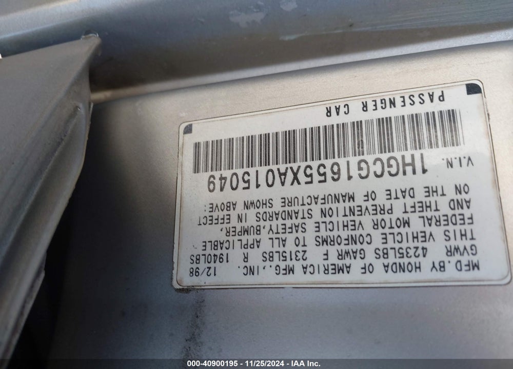 1999 HONDA ACCORD EX V6 VIN: 1HGCG1655XA015049