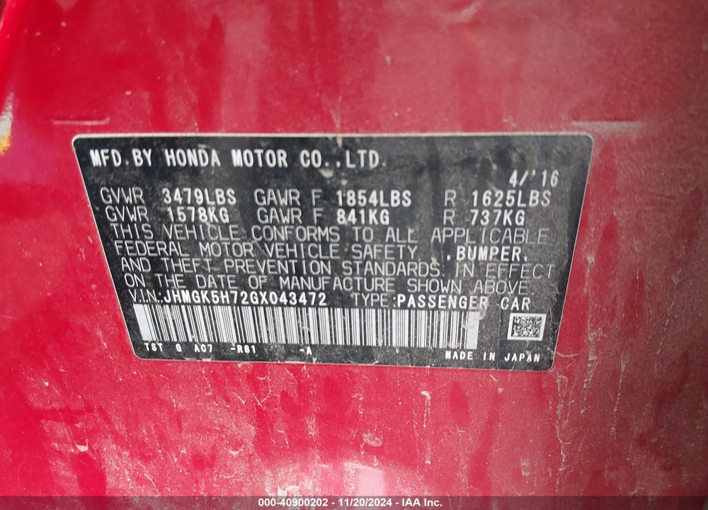 2016 HONDA FIT EX VIN: JHMGK5H72GX043472