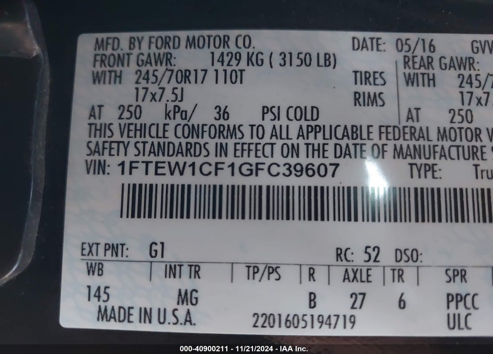 2016 FORD F-150 XLT VIN: 1FTEW1CF1GFC39607