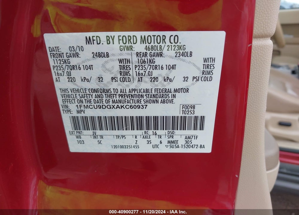 2010 FORD ESCAPE XLT VIN: 1FMCU9DGXAKC60937