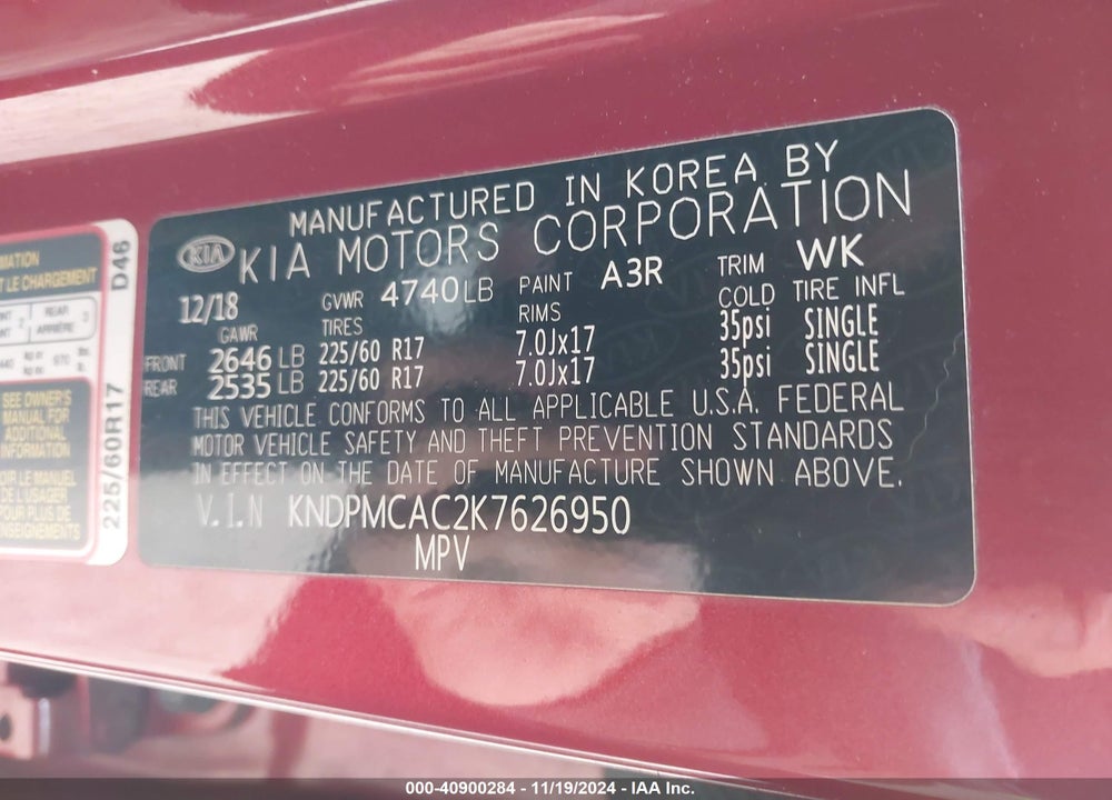 2019 KIA SPORTAGE LX VIN: KNDPMCAC2K7626950