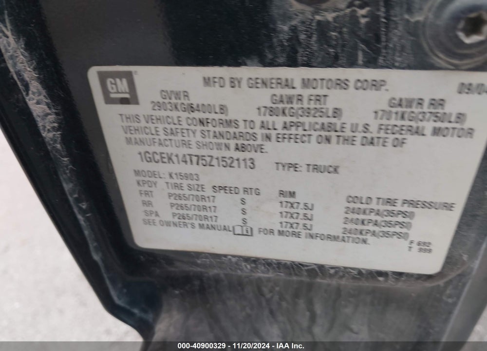 2005 CHEVROLET SILVERADO 1500 Z71 VIN: 1GCEK14T75Z152113