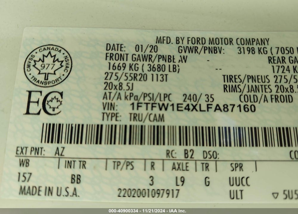 2020 FORD F-150 PLATINUM VIN: 1FTFW1E4XLFA87160