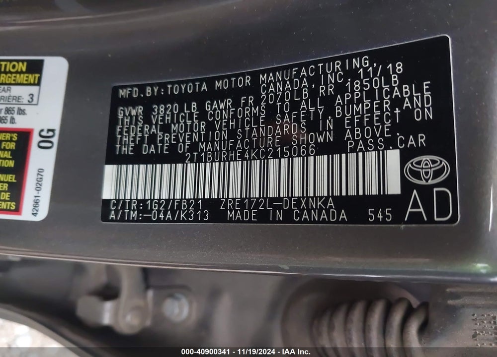 2019 TOYOTA COROLLA LE VIN: 2T1BURHE4KC215066