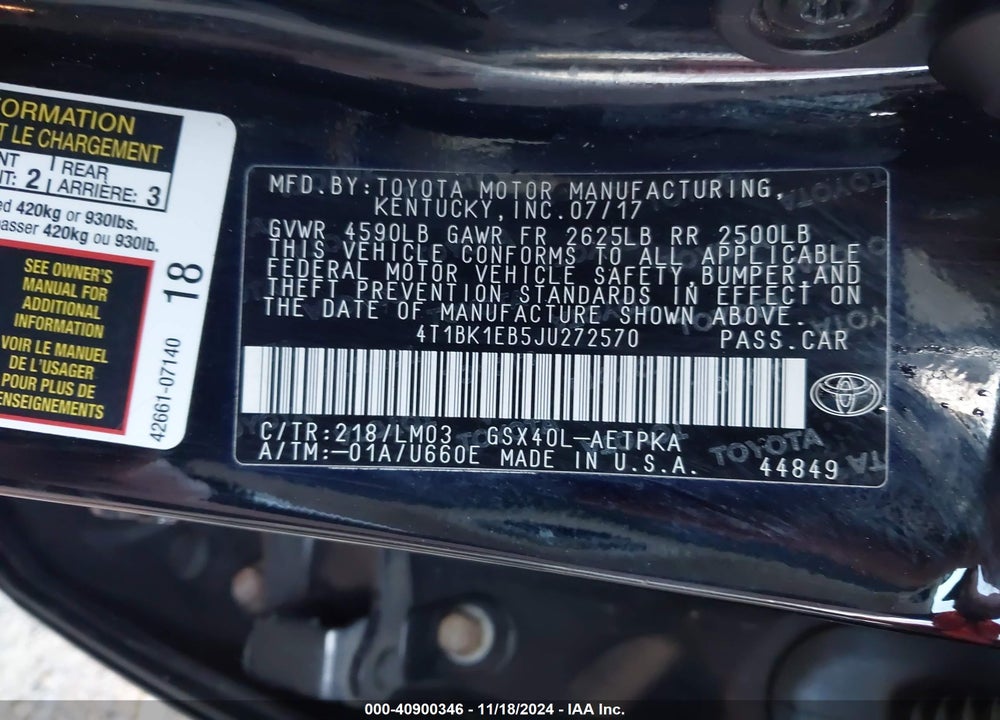 2018 TOYOTA AVALON LIMITED VIN: 4T1BK1EB5JU272570