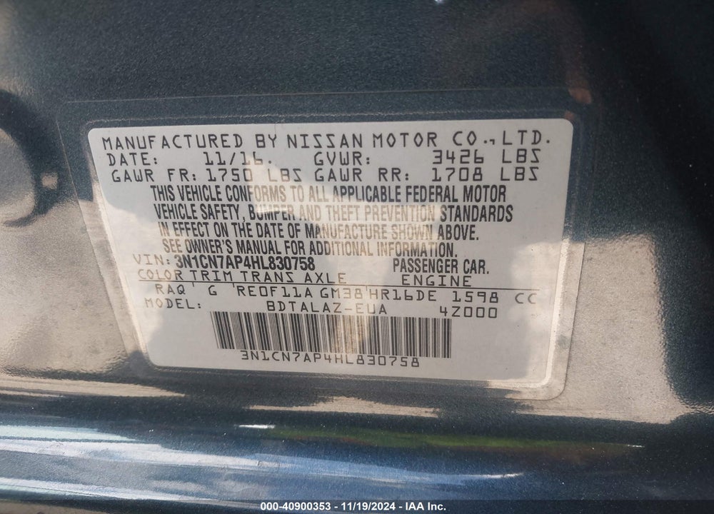 2017 NISSAN VERSA 1.6 S+ VIN: 3N1CN7AP4HL830758