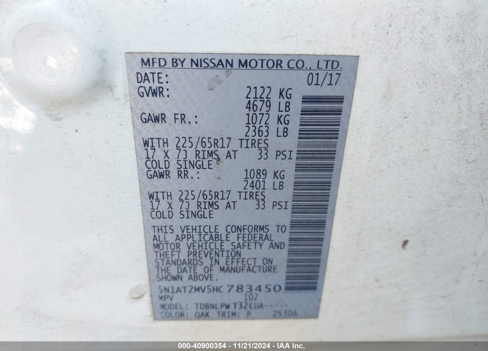 2017 NISSAN ROGUE S VIN: 5N1AT2MV5HC783450