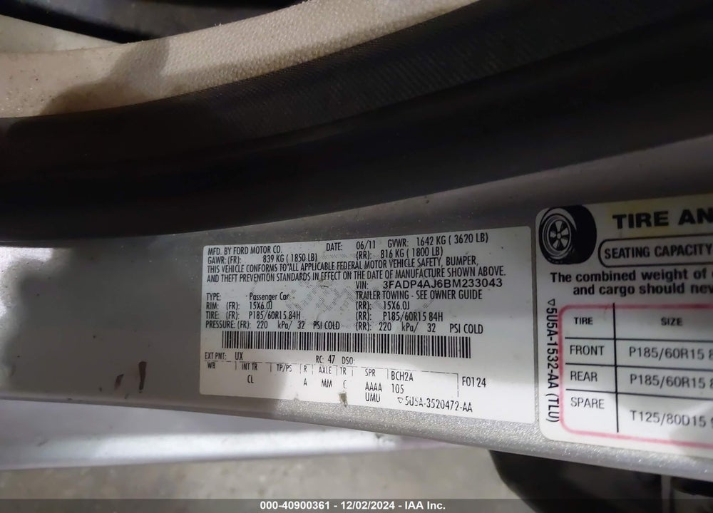 2011 FORD FIESTA S VIN: 3FADP4AJ6BM233043
