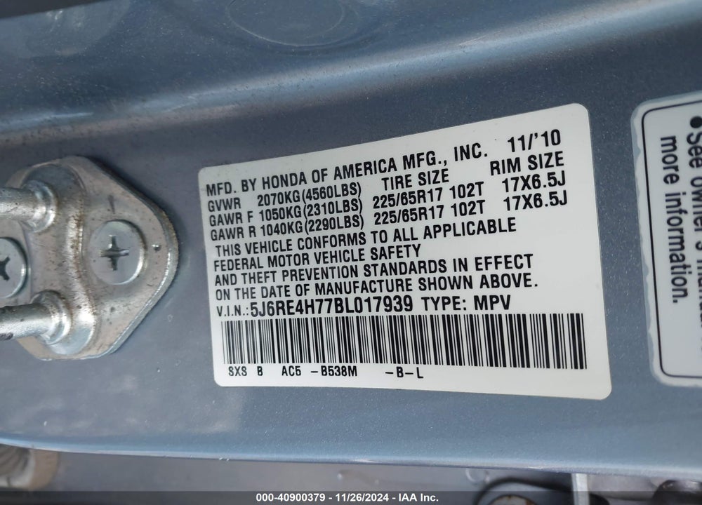 2011 HONDA CR-V EX-L VIN: 5J6RE4H77BL017939