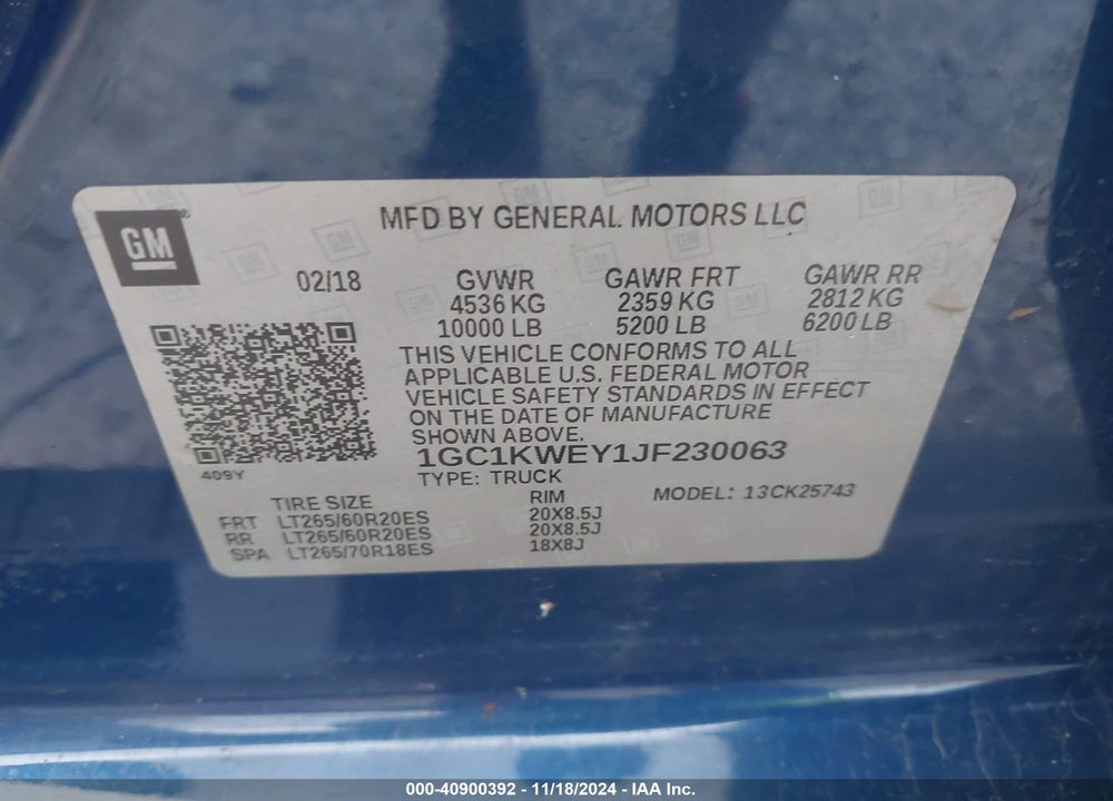 2018 CHEVROLET SILVERADO 2500HD LTZ VIN: 1GC1KWEY1JF230063