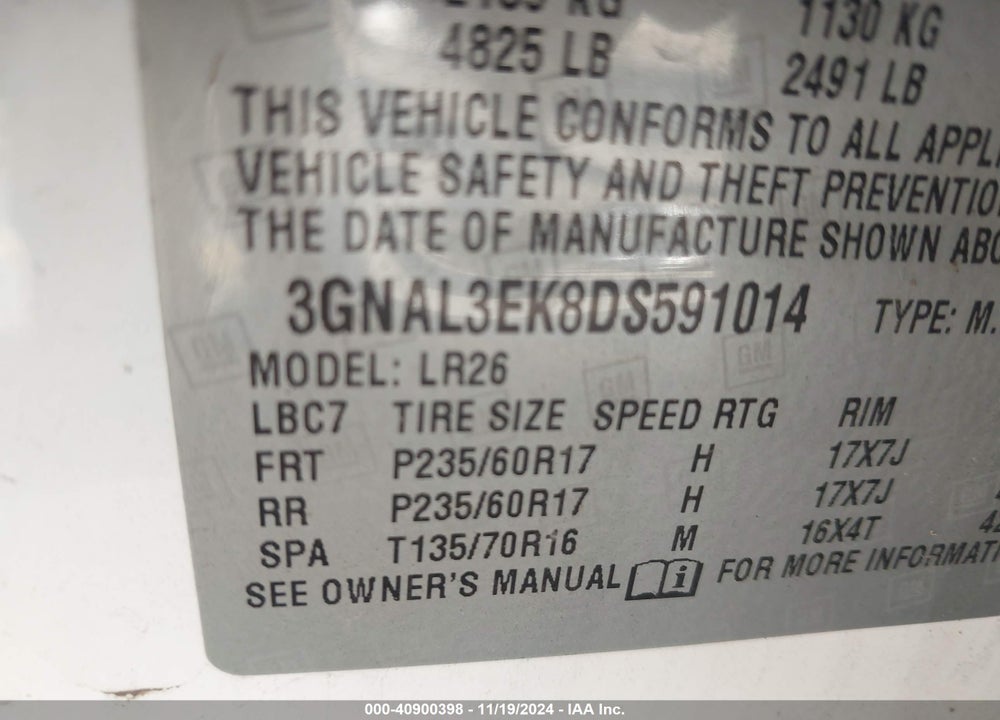 2013 CHEVROLET CAPTIVA SPORT LT VIN: 3GNAL3EK8DS591014