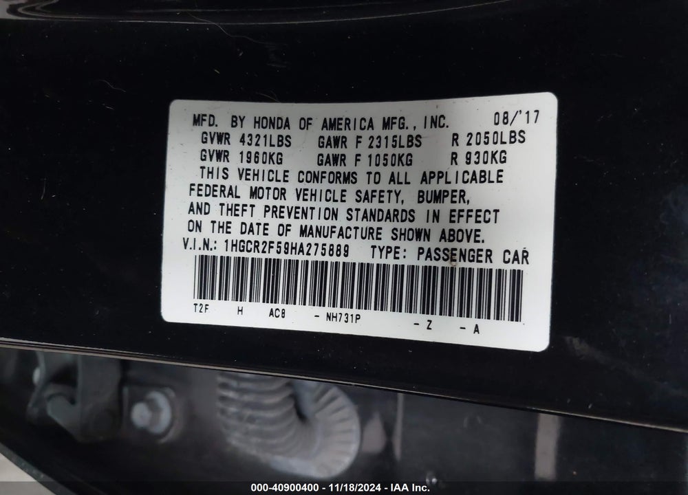 2017 HONDA ACCORD SPORT VIN: 1HGCR2F59HA275889