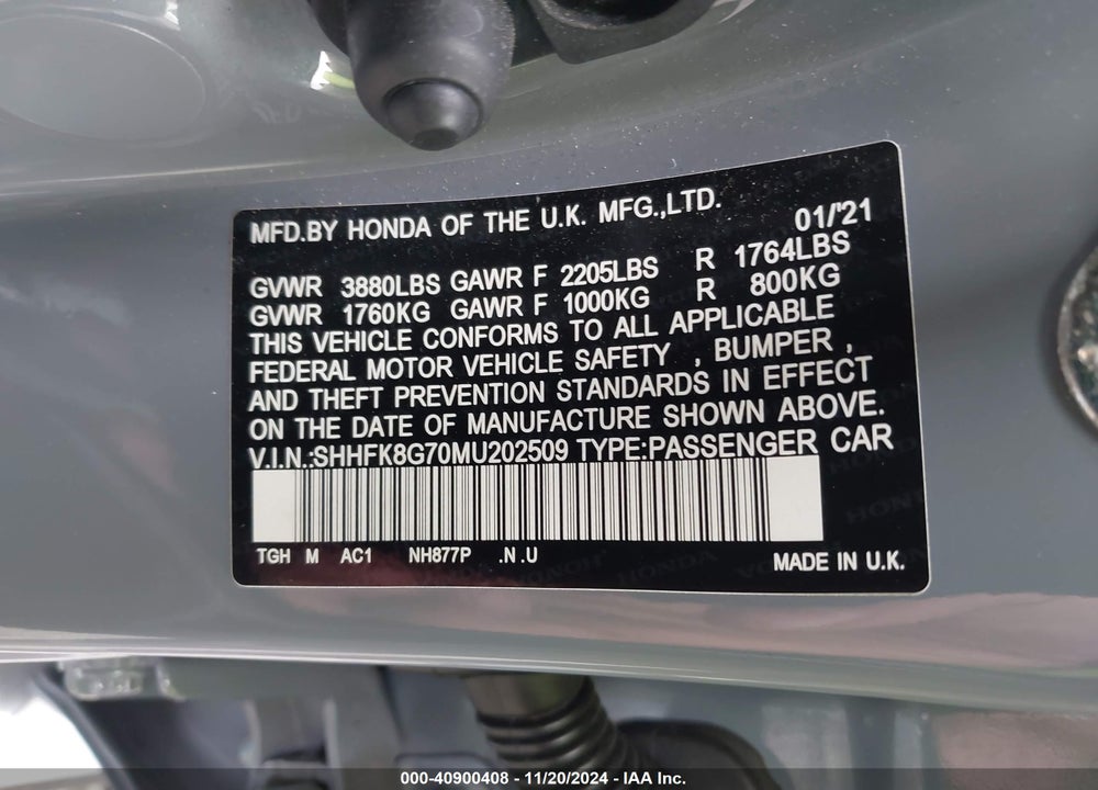 2021 HONDA CIVIC VIN: SHHFK8G70MU202509