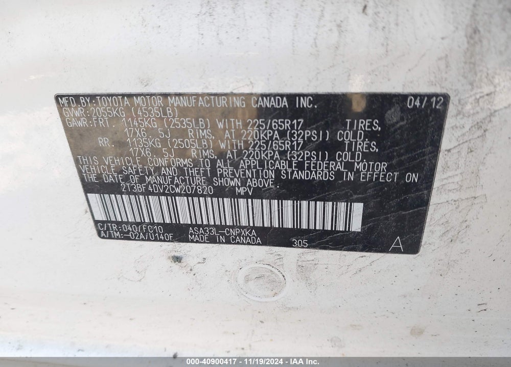 2012 TOYOTA RAV4 VIN: 2T3BF4DV2CW207820