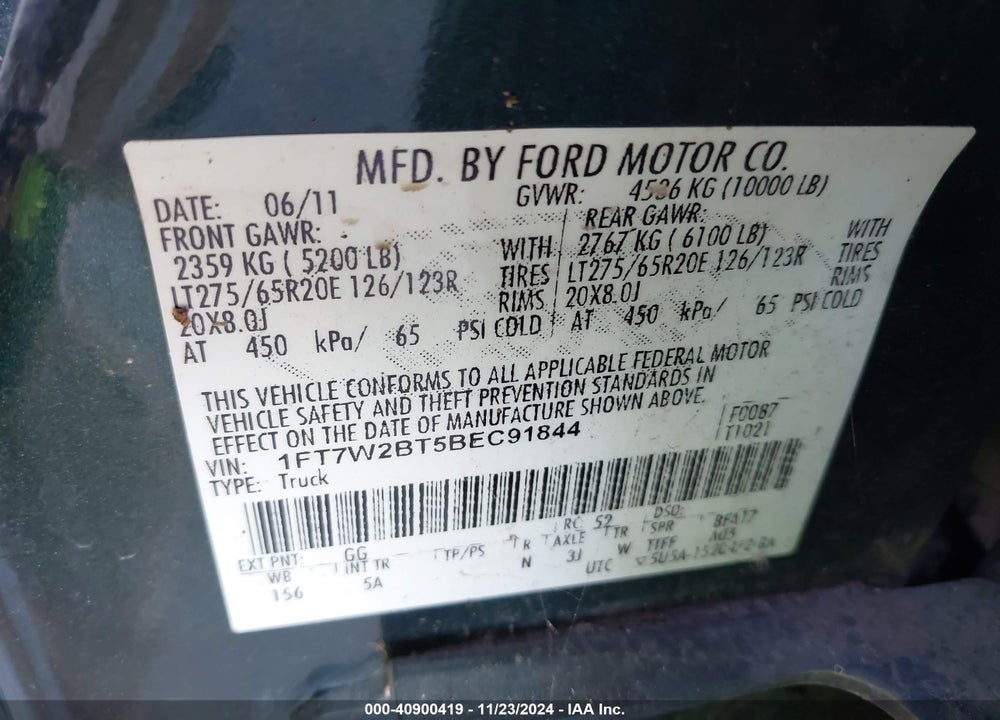 2011 FORD F-250 LARIAT VIN: 1FT7W2BT5BEC91844