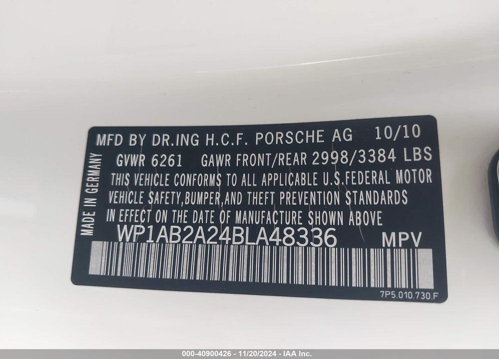 2011 PORSCHE CAYENNE S VIN: WP1AB2A24BLA48336