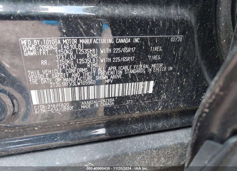 2020 TOYOTA RAV4 LE VIN: 2T3G1RFV3LW105960