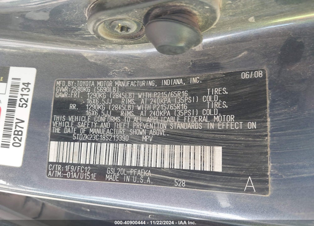 2008 TOYOTA SIENNA LE VIN: 5TDZK23C18S213390