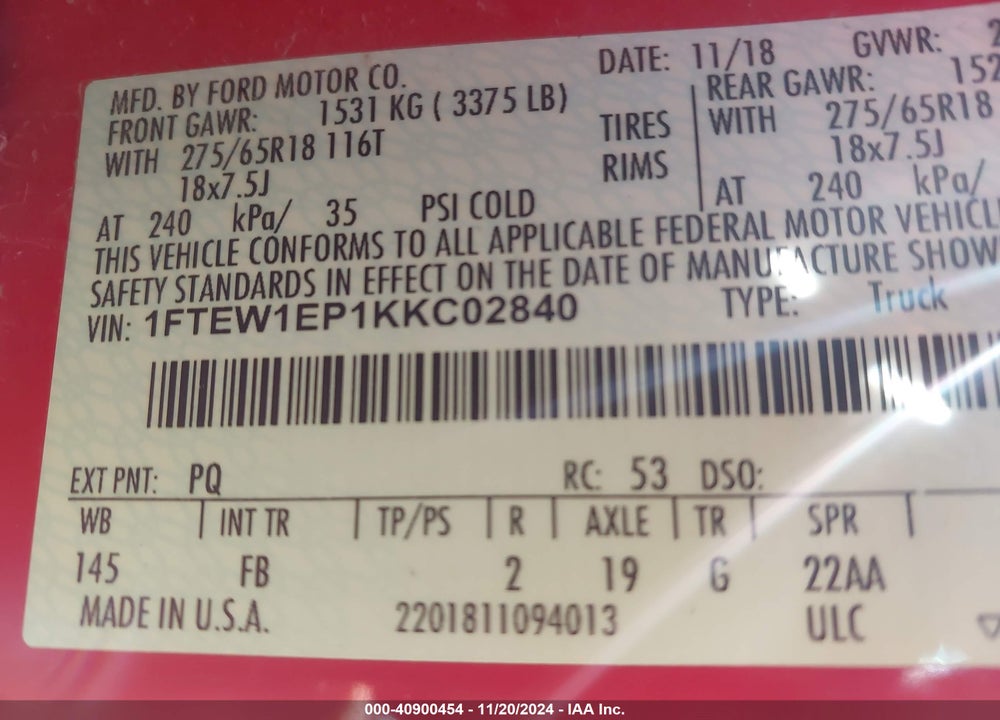 2019 FORD F-150 XLT VIN: 1FTEW1EP1KKC02840