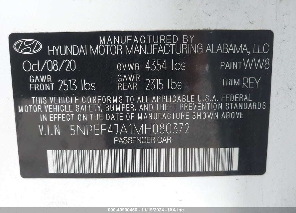 2021 HYUNDAI SONATA SEL VIN: 5NPEF4JA1MH080372