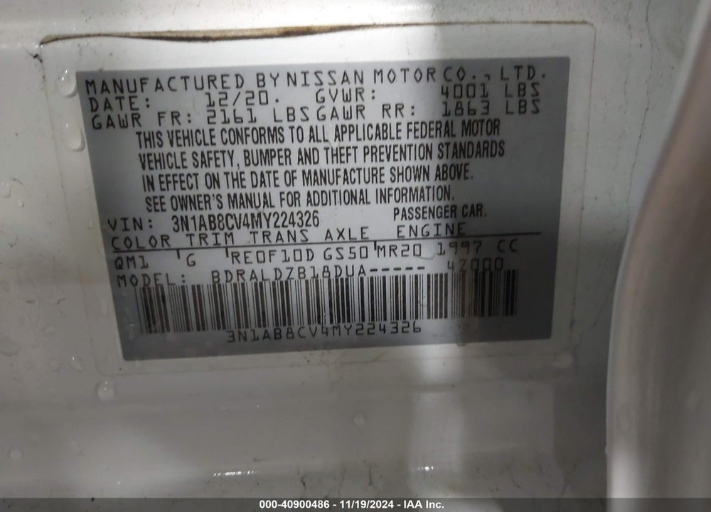 2021 NISSAN SENTRA SV XTRONIC CVT VIN: 3N1AB8CV4MY224326