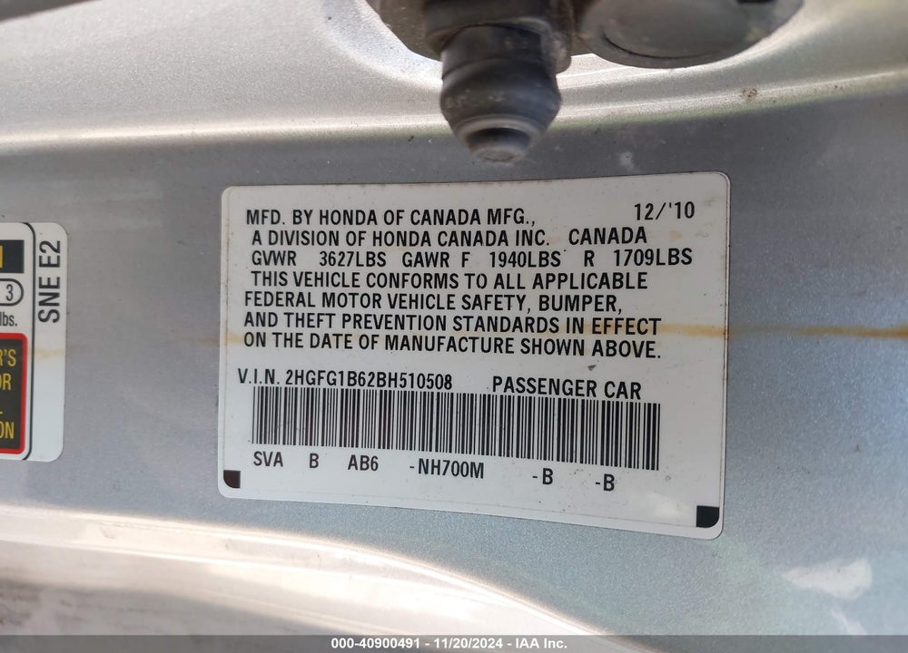 2011 HONDA CIVIC LX VIN: 2HGFG1B62BH510508