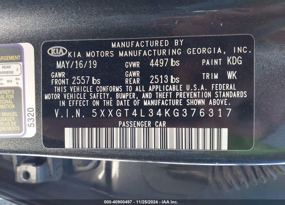 2019 KIA OPTIMA S VIN: 5XXGT4L34KG376317