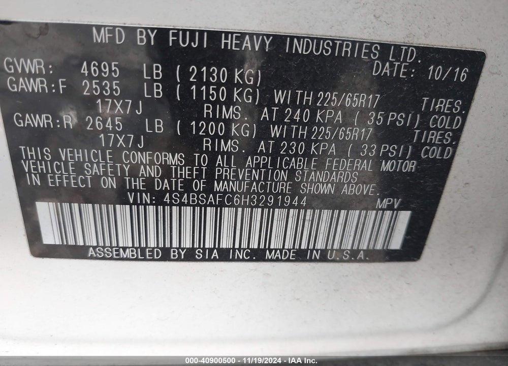 2017 SUBARU OUTBACK 2.5I PREMIUM VIN: 4S4BSAFC6H3291944