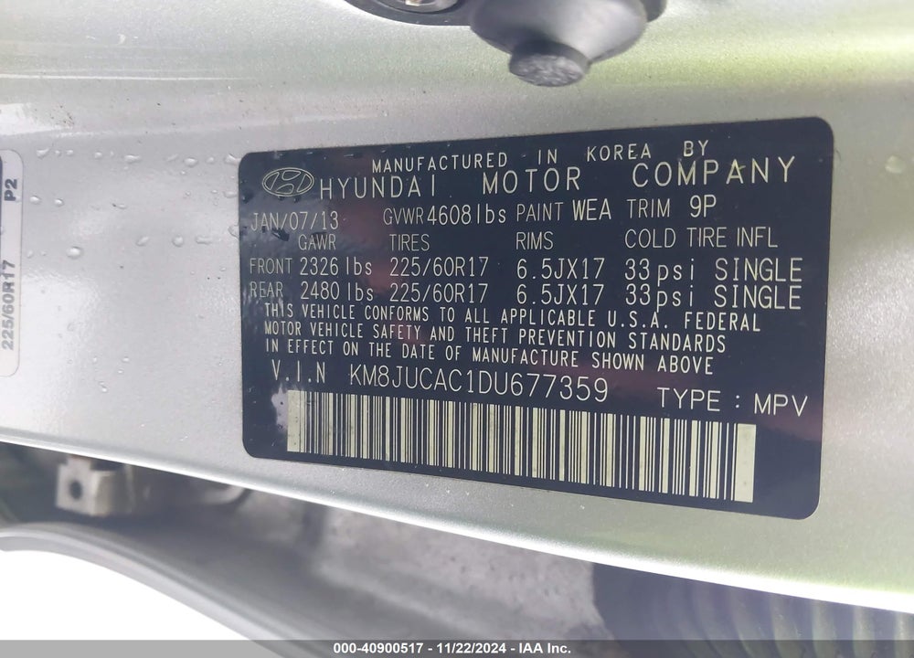 2013 HYUNDAI TUCSON GLS VIN: KM8JUCAC1DU677359