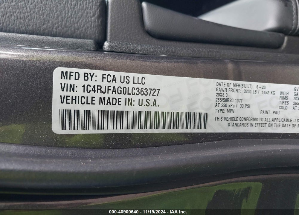 2020 JEEP GRAND CHEROKEE ALTITUDE 4X4 VIN: 1C4RJFAG0LC363727