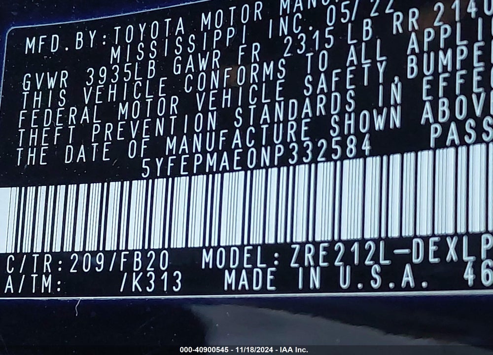 2022 TOYOTA COROLLA LE VIN: 5YFEPMAE0NP332584