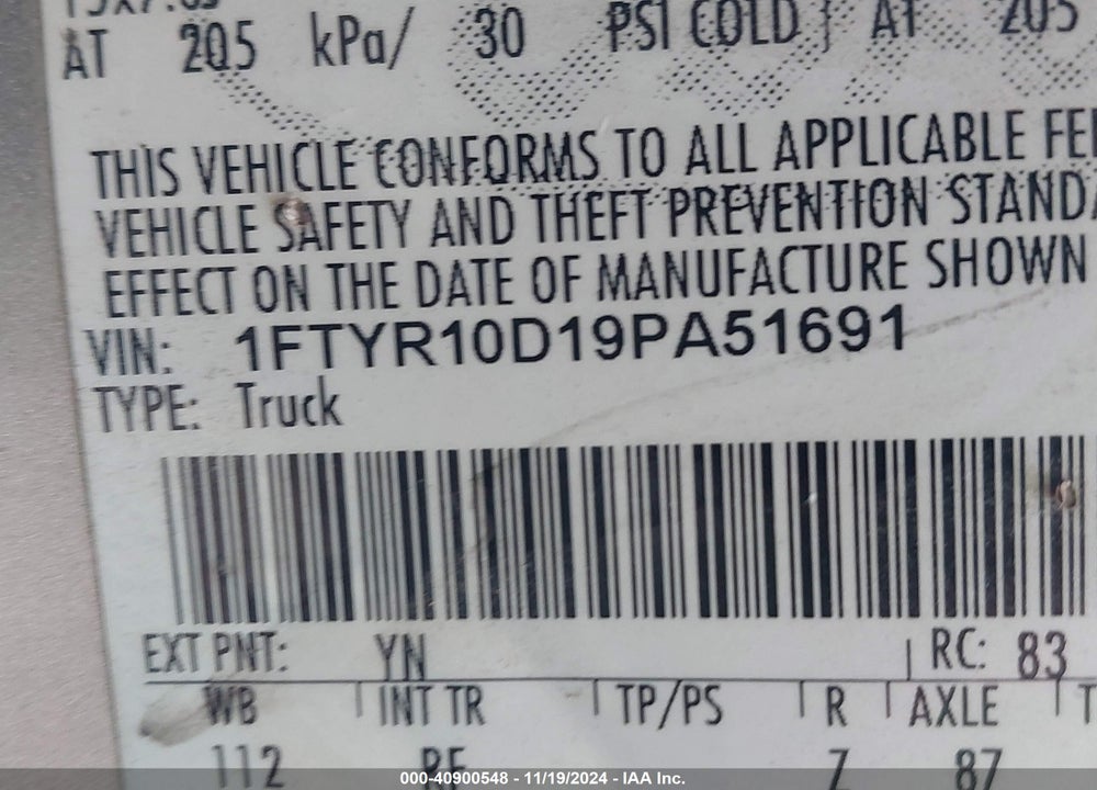 2009 FORD RANGER XL VIN: 1FTYR10D19PA51691