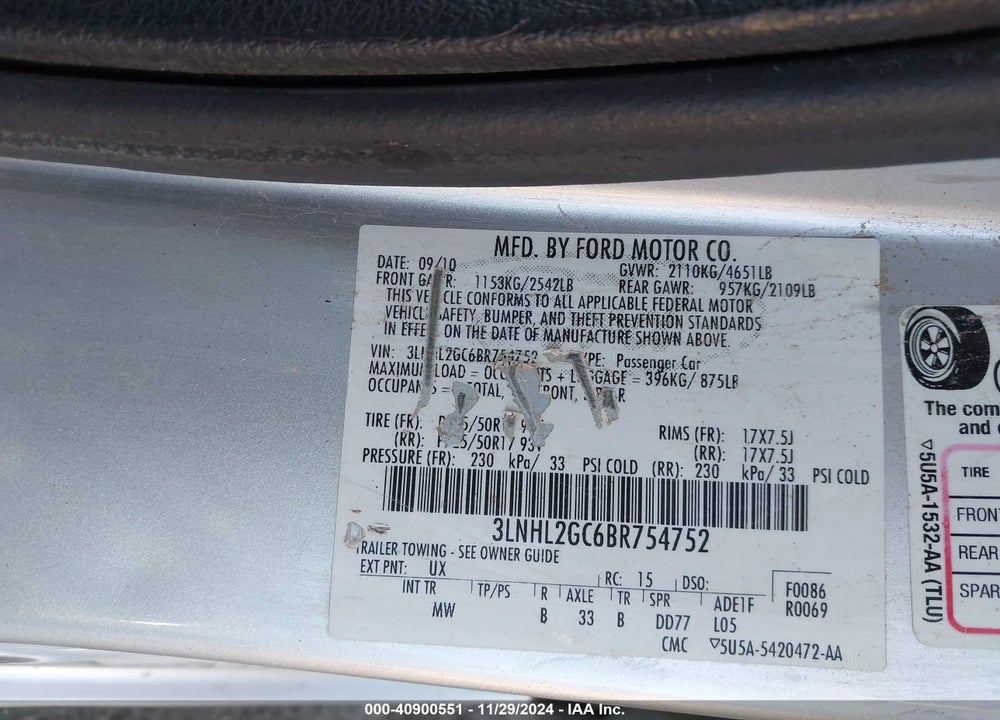 2011 LINCOLN MKZ VIN: 3LNHL2GC6BR754752