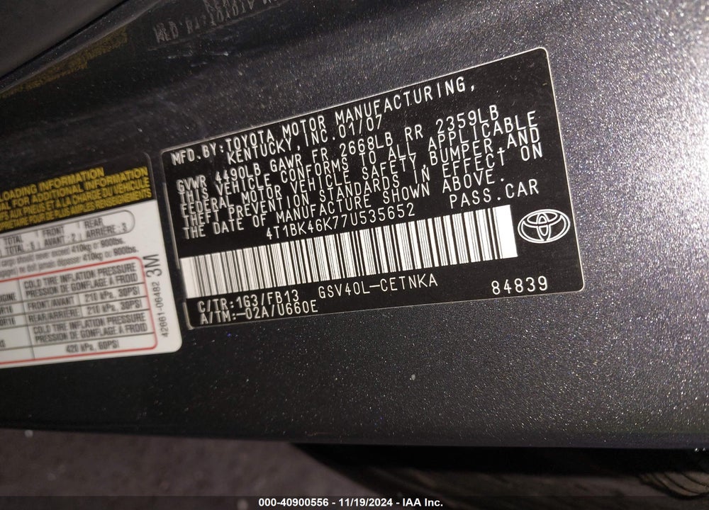 2007 TOYOTA CAMRY LE V6 VIN: 4T1BK46K77U535652