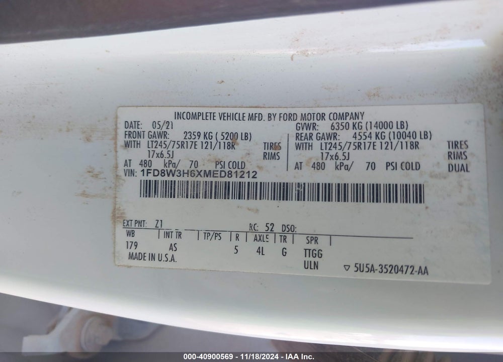 2021 FORD F-350 CHASSIS XL VIN: 1FD8W3H6XMED81212