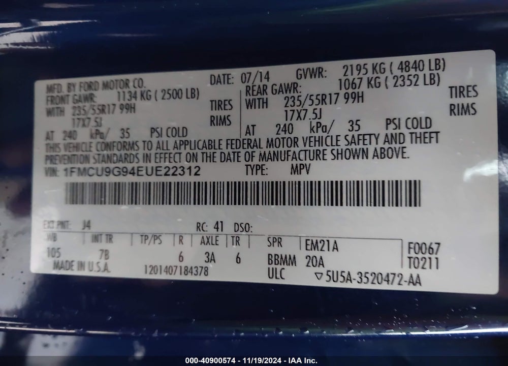2014 FORD ESCAPE SE VIN: 1FMCU9G94EUE22312