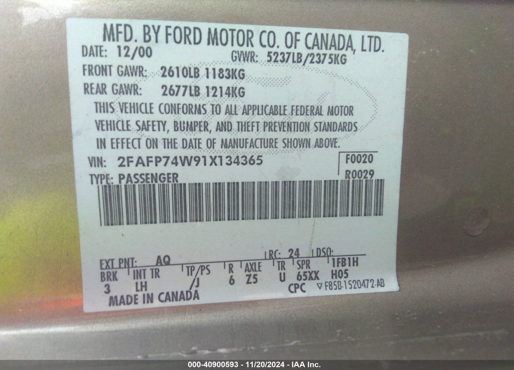 2001 FORD CROWN VICTORIA LX VIN: 2FAFP74W91X134365