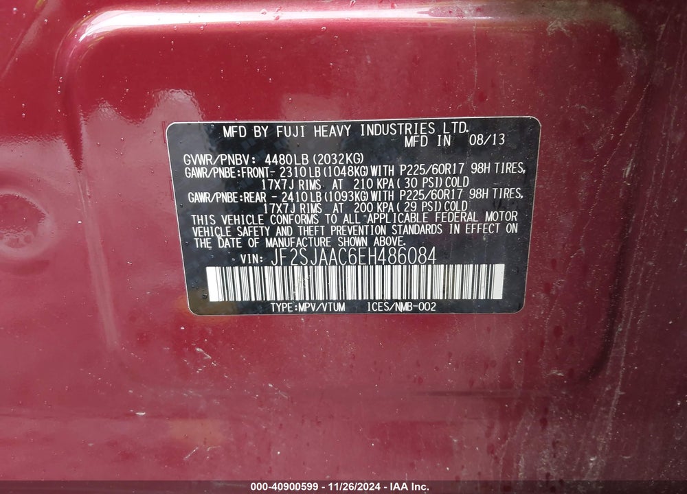 2014 SUBARU FORESTER 2.5I VIN: JF2SJAAC6EH486084