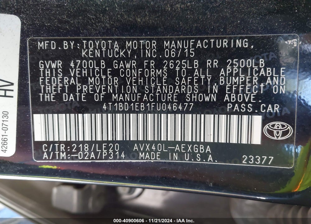 2015 TOYOTA AVALON HYBRID XLE TOURING VIN: 4T1BD1EB1FU046477