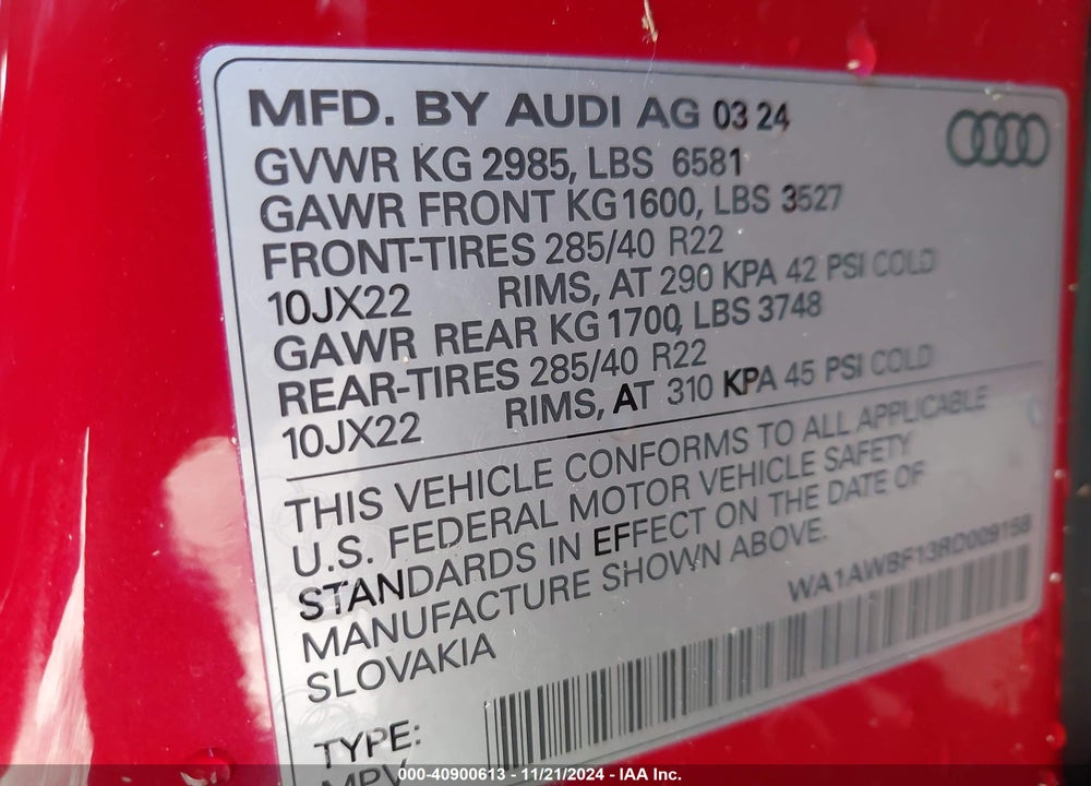 2024 AUDI SQ8 PREMIUM PLUS 4.0 TFSI QUATTRO VIN: WA1AWBF13RD009158
