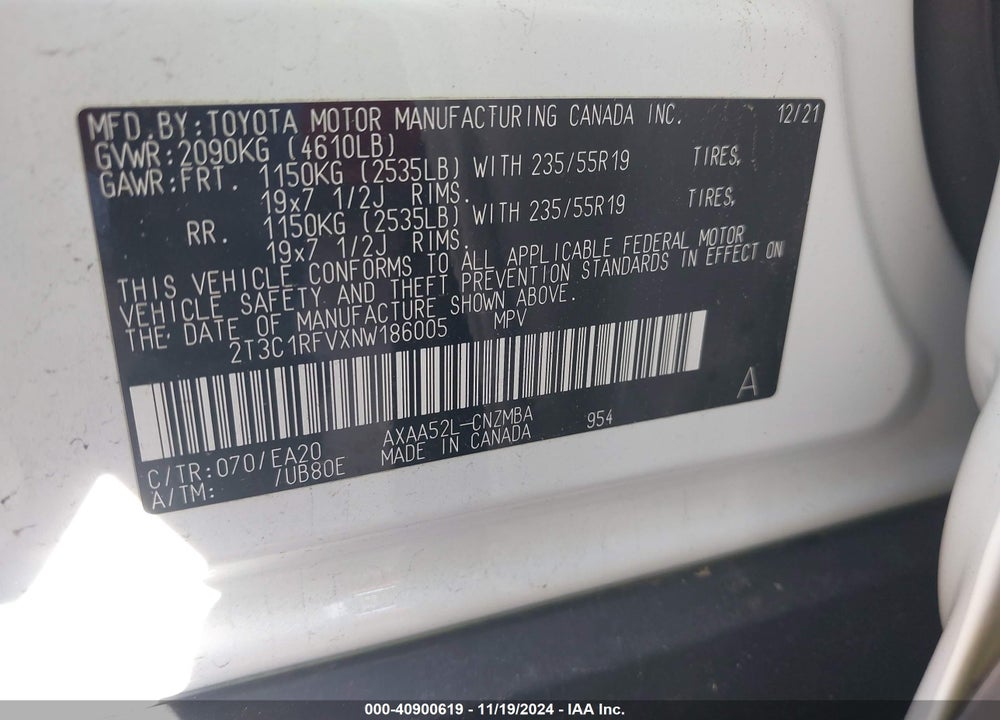 2022 TOYOTA RAV4 XLE PREMIUM VIN: 2T3C1RFVXNW186005