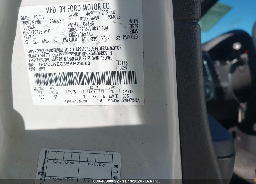 2011 FORD ESCAPE LIMITED VIN: 1FMCU9EG3BKB29588
