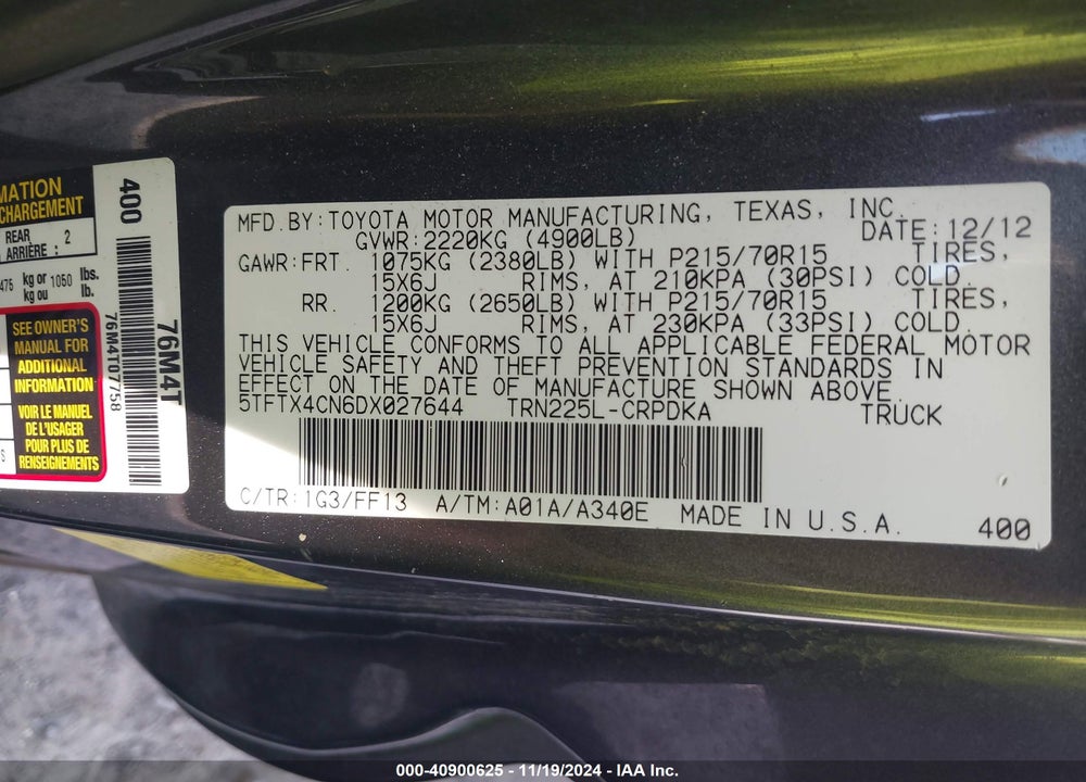 2013 TOYOTA TACOMA VIN: 5TFTX4CN6DX027644