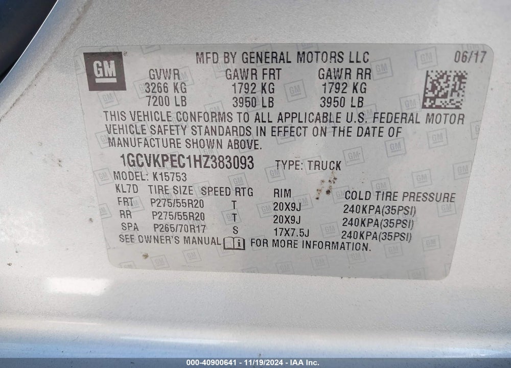 2017 CHEVROLET SILVERADO 1500 CUSTOM VIN: 1GCVKPEC1HZ383093