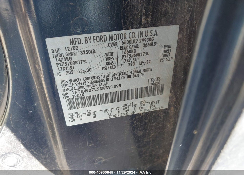 2003 FORD F-150 LARIAT/XLT VIN: 1FTRW07L53KB91395