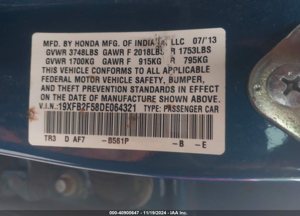 2013 HONDA CIVIC LX VIN: 19XFB2F58DE064321