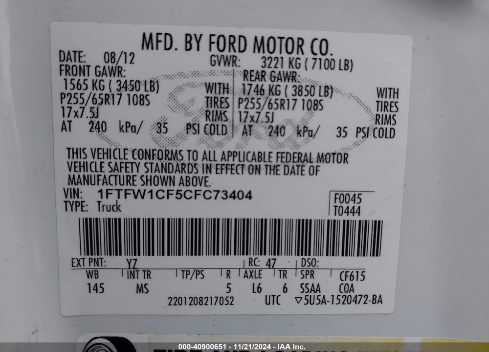 2012 FORD F-150 XLT VIN: 1FTFW1CF5CFC73404
